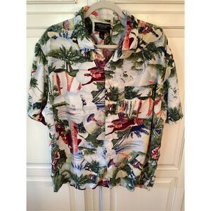 American Eagle Ohelo Wahine Hula Waterfall Sz L Button Down Shirt Linen Blend Ha